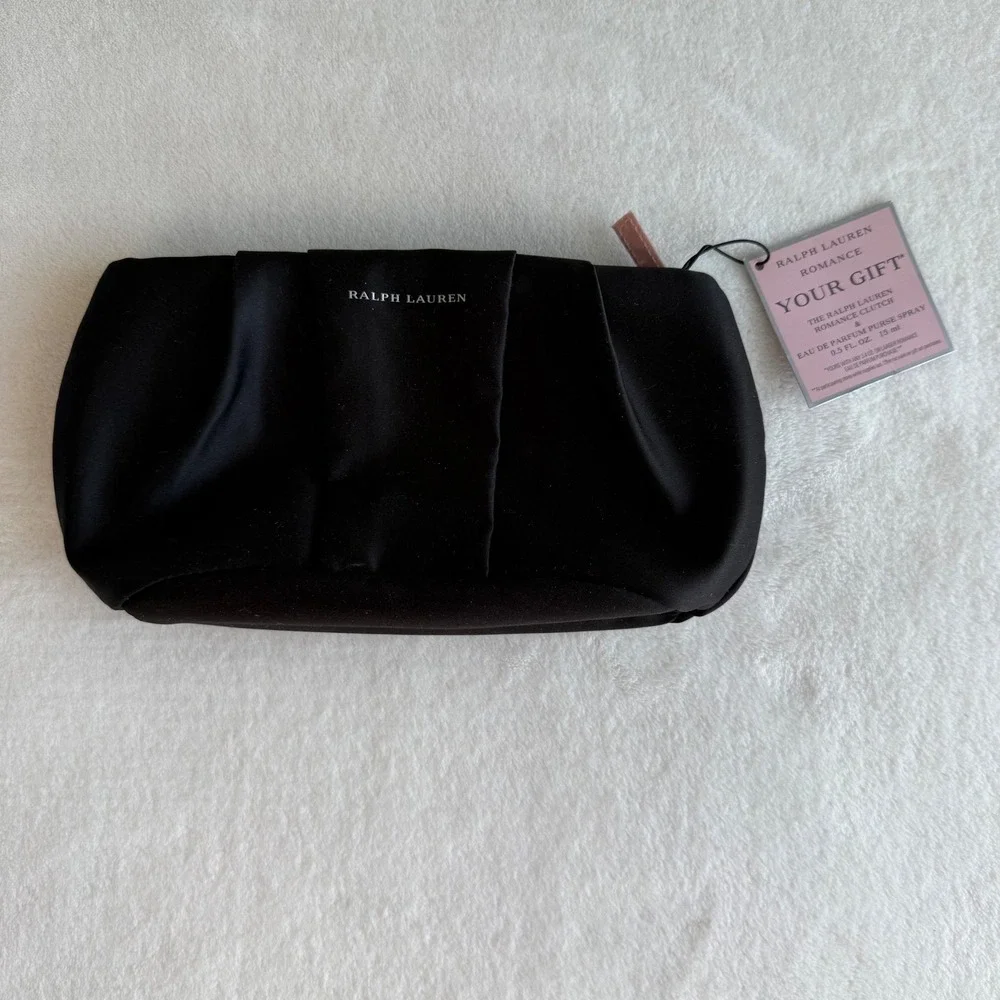 NWT RALPH LAUREN Satin Cosmetic Bag Pouch Black Pleated Rectangle Top Zip‎